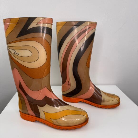 VTG Emilio Pucci Womens Boots Multi Swirl Rubber Pull-On Rain Wellington Boot 38 - Picture 2 of 9